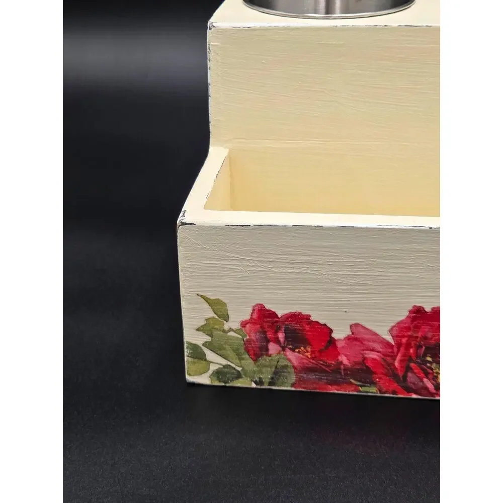 Cream Floral Wooden Desk Organizer – 3 Metal Cups & Front Storage Slot